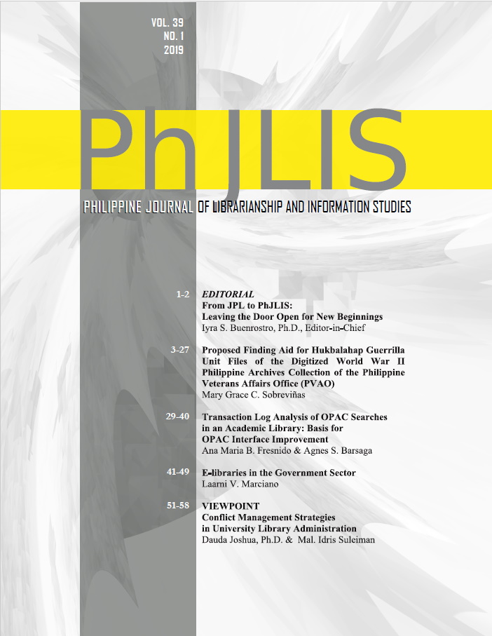 Philippine Journal of Librarianship and Information Studies Cover for Vol 39 Issue 1